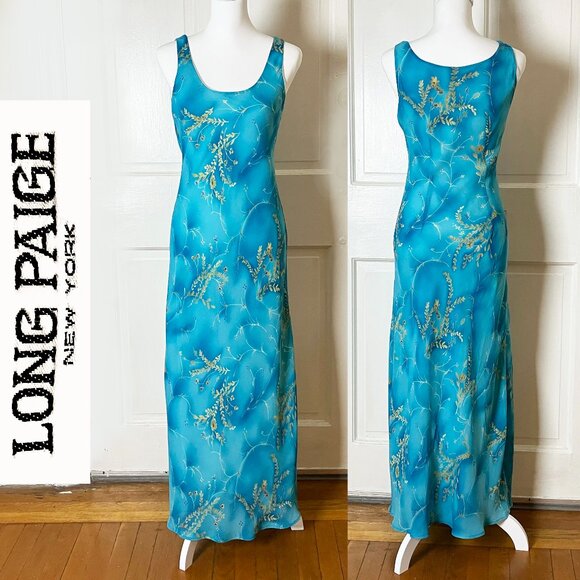 90s Vintage | Long Paige NY Aqua Sundress | Size 4 - Picture 1 of 7